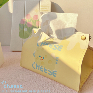 原创芝士纸巾盒黄色可爱芝士起司餐桌客厅抽纸盒，pu皮ins纸巾套