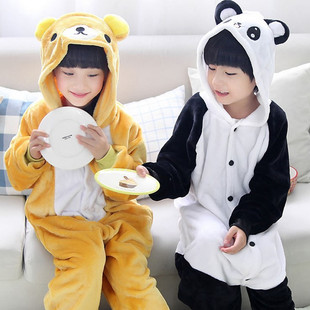 秋冬男女儿童法兰绒熊猫连体睡衣，大小孩可爱卡通动物轻松熊表演(熊表演)服