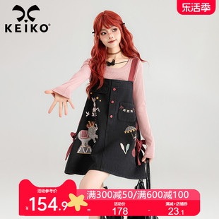 keiko马戏团系列印花牛仔背带，裙2024夏季甜酷鬼马少女穿搭连衣裙