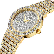 女士时尚满潮流(满潮流)石英，跨境水钻钢带手表，女款圆形金色男国产腕表