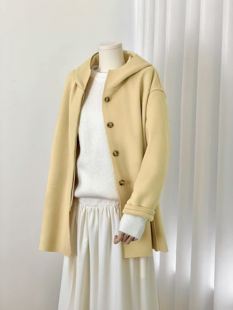 糖果色黄色连帽毛呢大衣女，秋季双面羊绒，外套高级感设计感小众秋冬