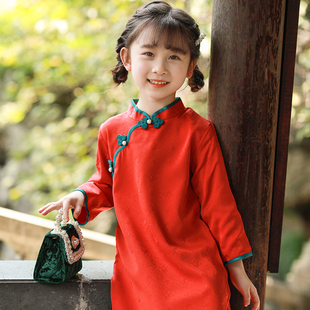 儿童旗袍女童红色中国风，礼服宝宝长款中式连衣裙，春秋款古风童装