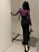 洋气套装裙女秋冬纯欲风修身紫色V领打底衫+鱼尾吊带连衣裙两件套