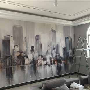 北欧手绘抽象城市油画艺术壁纸，客厅电视背景墙纸个性纽约建筑壁画