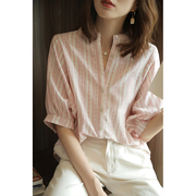 韩版夏季条纹衬衫女宽松显瘦洋气设计感蝙蝠袖纯棉上衣ins潮