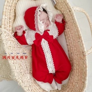 韩版婴儿衣服红色春秋冬装，新生儿满月百天宴礼服女宝宝周岁连体衣
