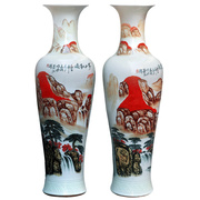 高档景德镇陶瓷手绘中国红色鸿运当头落地大花瓶中式客厅摆件开业
