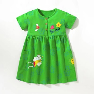可爱女童翠绿色短袖连衣裙2023宝宝纯棉，夏装儿童田园风小童t恤裙8