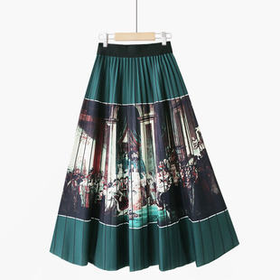 夏季韩版简约条纹撞色百搭时尚复古法式雪纺，a字中长百褶半身裙
