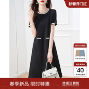 xwi圆领连衣裙女2023年夏季赫本风时尚，简约显瘦遮肉短袖裙子