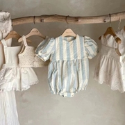 韩版ins款女婴儿学院风连体衣，宝宝夏装条纹，薄款圆领爬服+裙