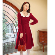 秋季2022年女装法式茶歇收腰显瘦娃娃领红色衬衫长袖连衣裙女