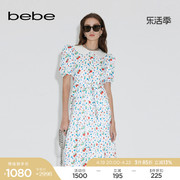 bebe春夏系列女士中长款娃娃领莓果印花腰带连衣裙150020