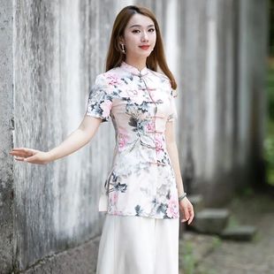 旗袍上衣女夏季改良时尚短袖中式直排扣唐装复古日常汉服中式女装