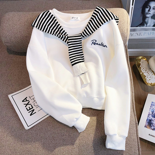 韩系条纹披肩白色卫衣女2024宽松短款两件设计小众小个子上衣