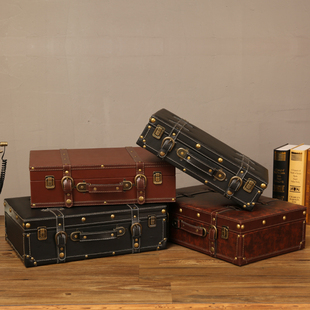 欧式复古手提箱储物木箱子收纳箱老式皮箱旅行摄影道具杂物整理箱