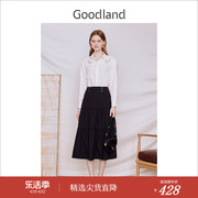 Goodland美地女装2023秋季钉珠绣花白色衬衫设计感开衩上衣