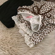 性感豹纹长袖家居服套装，春夏女蕾丝边睡衣，两件套中长款上衣+长裤