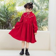 女童娃娃领红色连衣裙，2023春季洋气中大童，国风灯芯绒公主裙子