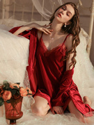 睡衣女春秋款金丝绒性感，睡裙两件套装2023红色，结婚新娘晨袍冬