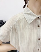 annuus法式条纹衬衫宽松复古透明感短袖小翻领，衬衫女条纹上衣夏季