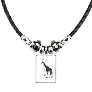 墨迹长颈鹿简约黑白动物手工皮绳项链吊坠饰品