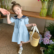 女童学院风连衣裙2024夏装儿童娃娃领公主裙宝宝夏季洋气裙子