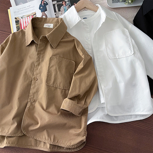 韩版男童纯棉衬衫~宽松休闲开衫，外套中大童长袖衬衣净色翻领上衣