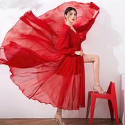 美妃高级感仙女连衣裙，2023春秋大红色，气质复古洋气长裙子女装