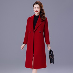 红色双面羊绒大衣女中长款2023中年女士双面，呢子羊毛呢外套女