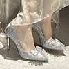 法式水晶鞋2024春秋，银色婚鞋水钻蝴蝶结尖头，高跟鞋女细跟单鞋