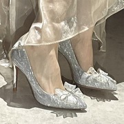 法式水晶鞋2024春秋银色，婚鞋水钻蝴蝶结尖头高跟鞋，女细跟单鞋