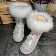 冬季雪地靴冬季狐狸毛银白色中筒水钻蝴蝶加厚保暖防滑靴