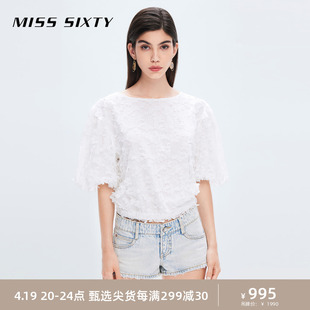 misssixty2023夏季衬衫女白色，圆领绣花短袖甜美减龄泡泡袖