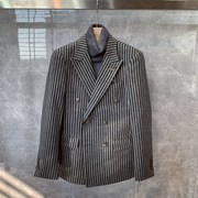 冬季英伦灰色条纹双排扣修身西装男士韩版潮流复古休闲小西服外套
