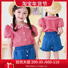 bebezoo韩国童装2023夏女童(夏女童)衬衫红色格子蕾丝，翻领泡泡袖女童上衣