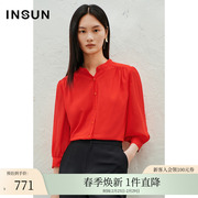 INSUN恩裳线上专选夏季宽松橘红色雪纺衬衫