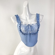外贸原单纯欲风法式少女感蕾丝，花边性感内搭蓝色吊带针织短上衣