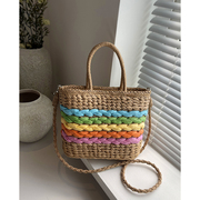 彩虹拼色手提菜篮子草编包小众设计水桶包编织包ins度假风沙滩包