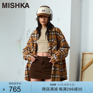 mishka2023秋冬季美式复古宽松法兰绒格子棉服，衬衫外套加厚