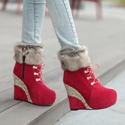 坡跟秋冬款松糕厚底高跟短靴女红色靴子绒面棉靴毛靴大码女靴 JYZ