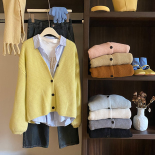 高品质加厚纹理柠檬黄毛衣大外套，女秋冬温暖针织，开衫简约休闲上衣