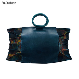 fu.dujuan原创个性褶皱复古女包，手提包手工牛皮包蓝色单肩包