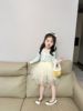 韩国女童蝴蝶结针织长袖t恤韩版可爱薄款t恤淡黄色安全裤纱裙两件