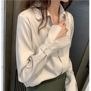 2024春秋港味高级感缎面白色长袖衬衫女士设计感小众气质上衣