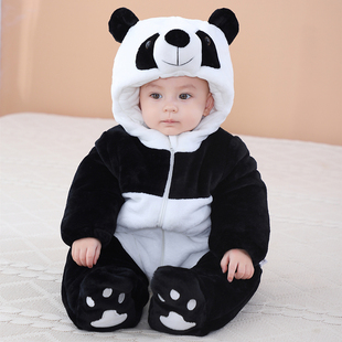 婴儿冬款加厚连体衣新生儿包脚熊猫衣服男女宝宝秋冬季抱衣外出服