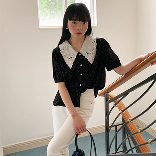 法式复古蕾丝娃娃领衬衫女夏季流行韩系时尚气质黑色波点短袖衬衣