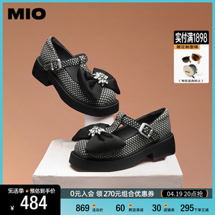 MIO米奥低帮鞋圆头中跟一字扣带花朵钻饰蝴蝶结玛丽珍单鞋女鞋