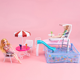 30厘米6分娃娃方形游泳池迷你沙滩椅仿真太阳伞儿童戏水洗澡玩具