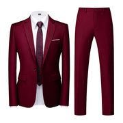 韩版修身酒红色西服套装男青年，结婚一粒扣两件套职业西装外套裤子